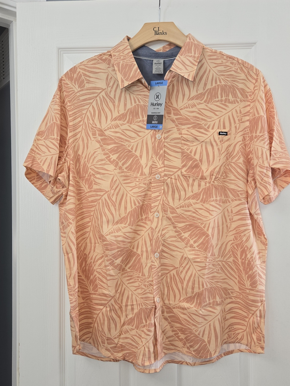 NWT Hurley Men's Large Tropical Palm Leaf Short Sleeve Button Down Shirt Orange